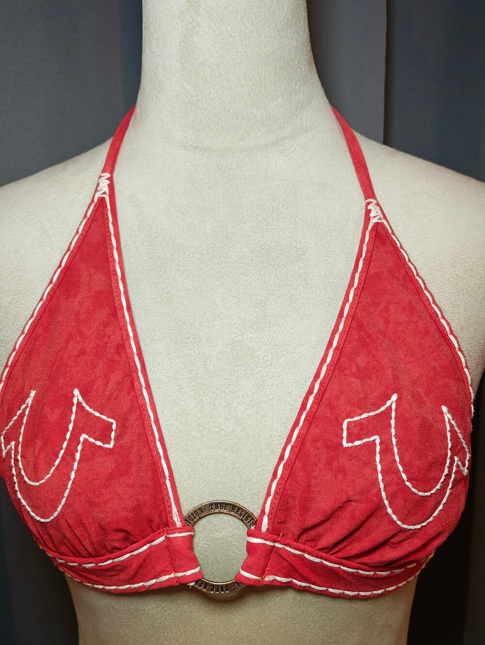 Y2K True Religion Red Triangle Halter Bikini Top w Center Metal Engraved Ring.
